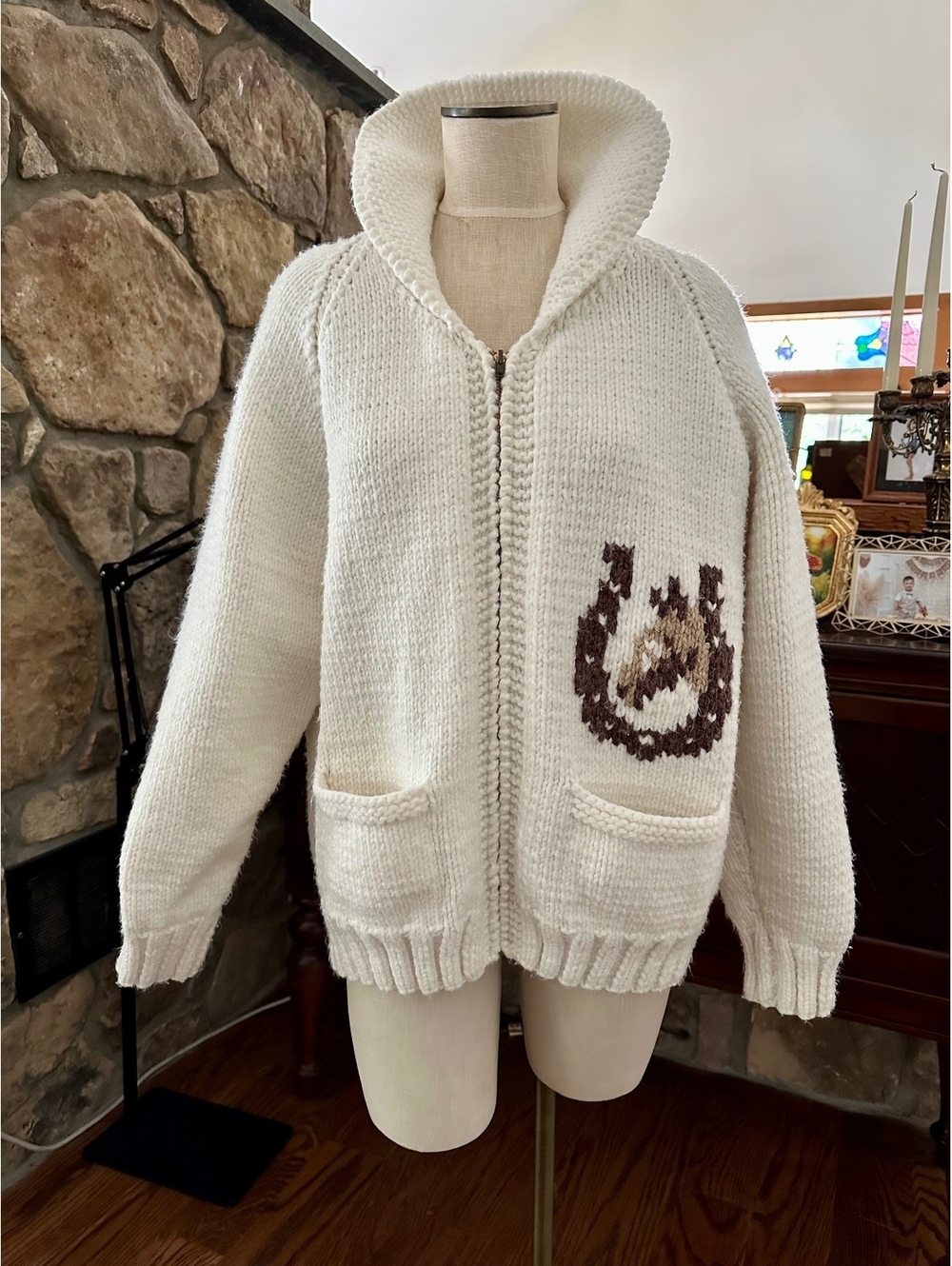 Vintage Western Cardigan Thick Hand-Knitted Wool Shawl Collar Front Zipper